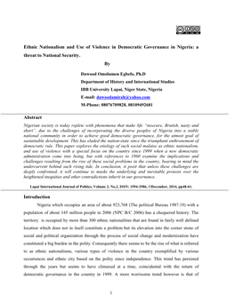 Ethnic Nationalism and Use of Violence in Democratic Governance in Nigeria: a Threat to National Security