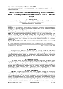 A Study on Relative Positions of Pulmonary Artery, Pulmonary Veins and Principal Bronchus in the Hilum of Human Cadaveric Lungs