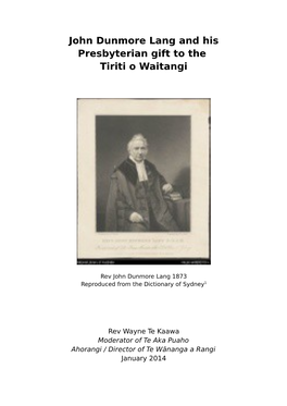 John Dunmore Lang and His Presbyterian Gift to the Tiriti O Waitangi