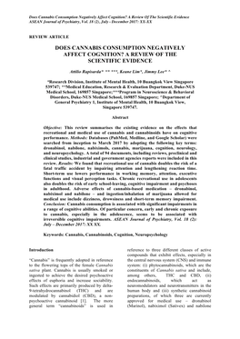 Does Cannabis Consumption Negatively Affect Cognition? a Review of the Scientific Evidence ASEAN Journal of Psychiatry, Vol