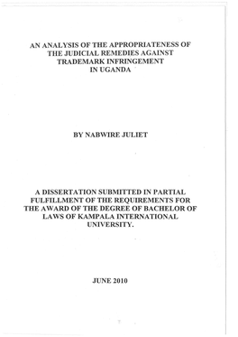 An Analysis of the Appropriateness of the Judicial Remedi~S Against Trademark Infringement Inuganda