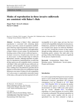 Modes of Reproduction in Three Invasive Milkweeds Are Consistent with Baker’S Rule