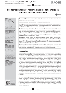 Economic Burden of Malaria on Rural Households in Gwanda District, Zimbabwe