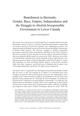 Banishment to Bermuda: Gender, Race, Empire, Independence and the Struggle to Abolish Irresponsible Government in Lower Canada