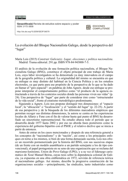 La Evolución Del Bloque Nacionalista Galego, Desde La Perspectiva Del “Lugar”