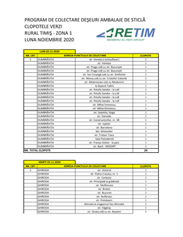 Program De Colectare Deşeuri Ambalaje De Sticlă Clopotele Verzi Rural Timiş - Zona 1 Luna Noiembrie 2020
