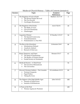 Medieval Church History – Table of Contents (Tentative) Session Topic Scripture Page References 1 the Kingdom of God on Earth Matthew 16:17-19 3