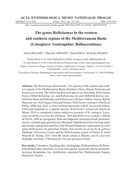 The Genus Bolbelasmus in the Western and Southern Regions of the Mediterranean Basin (Coleoptera: Geotrupidae: Bolboceratinae)