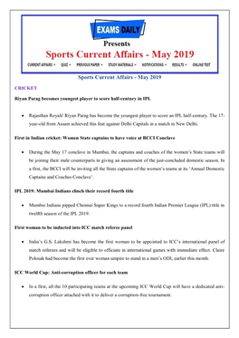 Sports Current Affairs - May 2019