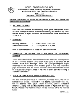 SOUTH POINT HIGH SCHOOL Affiliated to Central Board of Secondary Education an OHSAS 18001:2007 Certified Institution N O T I C E CLASS VII : SESSION 2020-2021