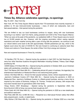 Times Sq. Alliance Celebrates Openings, Re-Openings