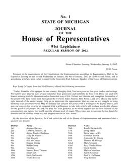 House of Representatives 91St Legislature REGULAR SESSION of 2002