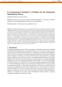 Is Consciousness Intrinsic? a Problem for the Integrated Information Theory Hedda Hassel Mørch, University of Oslo