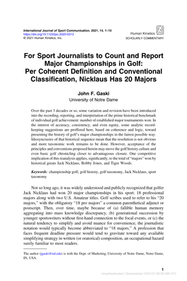 For Sport Journalists to Count and Report Major Championships in Golf: Per Coherent Deﬁnition and Conventional Classiﬁcation, Nicklaus Has 20 Majors