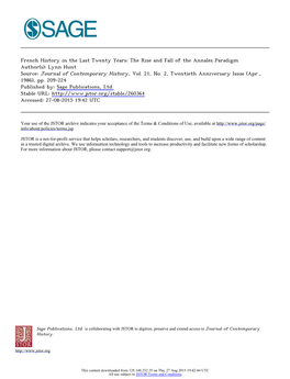 French History in the Last Twenty Years: the Rise and Fall of the Annales Paradigm Author(S): Lynn Hunt Source: Journal of Contemporary History, Vol