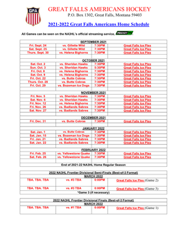 2021-22 Great Falls Americans Home Game Schedule