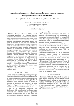 Impact Du Changement Climatique Sur Les Ressources En Eau Dans La Région Sud Oranaise D’El-Bayadh