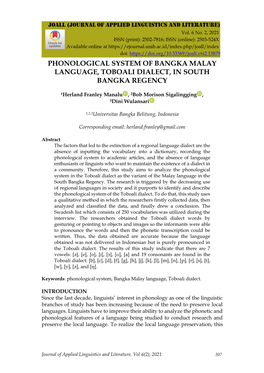 Phonological System of Bangka Malay Language, Toboali Dialect, in South Bangka Regency