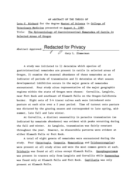 The Epizootiology of Gastrointestinal Nematodes of Cattle in Selected Areas of Oregon