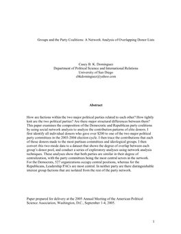 1 Groups and the Party Coalitions: a Network Analysis of Overlapping Donor Lists