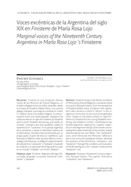 Voces Excéntricas De La Argentina Del Siglo XIX En Finisterre De María Rosa Lojo Marginal Voices of the Nineteenth Century Argentina in María Rosa Lojo´S Finisterre