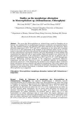 Studies on the Morphotype Alternation in Monoraphidium Sp. (Selenastraceae, Chlorophyta)