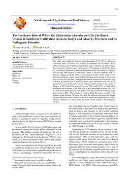 (Sclerotinia Sclerotiorum (Lib.) De Bary) Disease in Sunflower Cultivation Areas in Konya and Aksaray Provinces and Its Pathogenic Potential