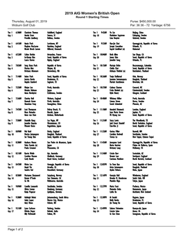 2019 AIG Women's British Open Round 1 Starting Times Thursday, August 01, 2019 Purse: $450,000.00 Woburn Golf Club Par: 36 36 - 72 Yardage: 6756