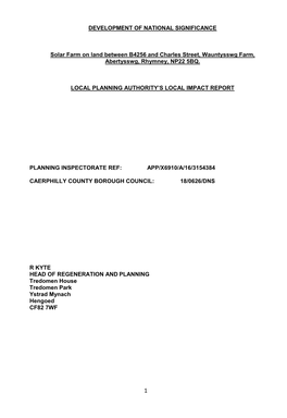 1 DEVELOPMENT of NATIONAL SIGNIFICANCE Solar Farm on Land