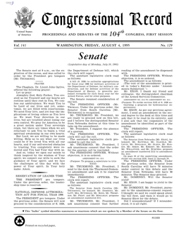 Congressional Record United States Th of America PROCEEDINGS and DEBATES of the 104 CONGRESS, FIRST SESSION