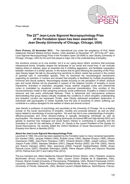 The 22 Jean-Louis Signoret Neuropsychology Prize Of