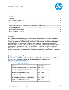 Battery Safety Mode Contents