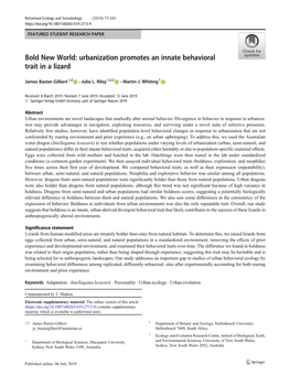 Bold New World: Urbanization Promotes an Innate Behavioral Trait in a Lizard