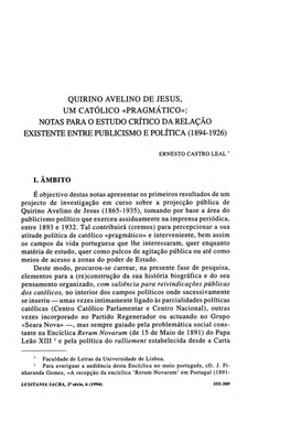 Quirino Avelino De Jesus, Um Católico «Pragmático»: Notas Para O Estudo Crítico Da Relação Existente Entre Publicismo E Política (1894-1926)