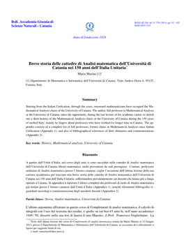 Breve Storia Delle Cattedre Di Analisi Matematica Dell’Università Di Catania Nei 150 Anni Dell’Italia Unitaria† Mario Marino [1]∗