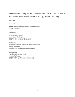 Addendum to Drayton Harbor Watershed Fecal Coliform TMDL and Phase 3 Microbial Source Tracking; Semiahmoo Bay