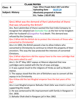 8 Subject: History Qns1.What Was the Demand of Rani Lakshamibai Of