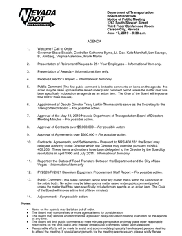 Department of Transportation Board of Directors Notice of Public Meeting