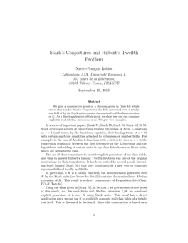 Stark's Conjectures and Hilbert's Twelfth Problem