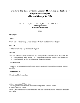 Guide to the Yale Divinity Library Reference Collection of Unpublished Papers (Record Group No