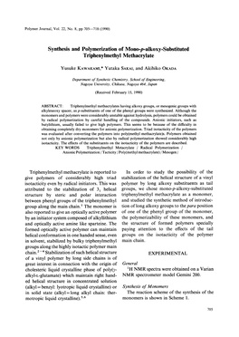 Synthesis and Polymerization of Mono-P-Alkoxy-Substituted Triphenylmethyl Methacrylate