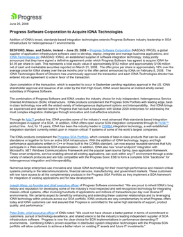 Progress Software Corporation to Acquire IONA Technologies