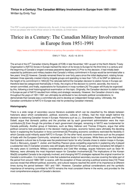 The Canadian Military Involvement in Europe from 1951-1991 Written by Emily Tsui