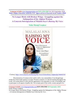 No Longer Birds with Broken Wings: Grappling Against the Subjugation of the Afghan Woman a Concrete Introspection of Malalai Joya’S Raising My Voice
