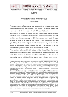 Yehuda Bauer on the Jewish Populace of of Baranowicze, Poland