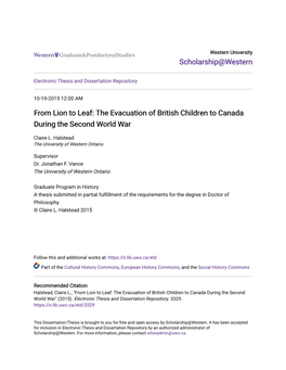 From Lion to Leaf: the Evacuation of British Children to Canada During the Second World War