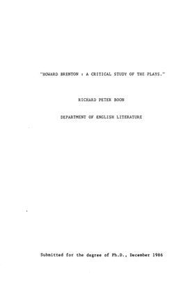 "Howard Brenton a Critical Study of the Plays." Richard Peter Boon