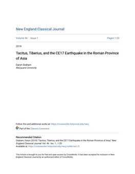 Tacitus, Tiberius, and the CE17 Earthquake in the Roman Province of Asia