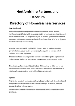 Hertfordshire Partners and Dacorum Directory of Homelessness Services