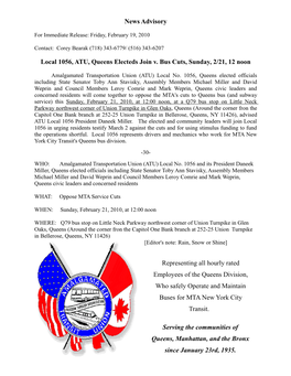 News Advisory Local 1056, ATU, Queens Electeds